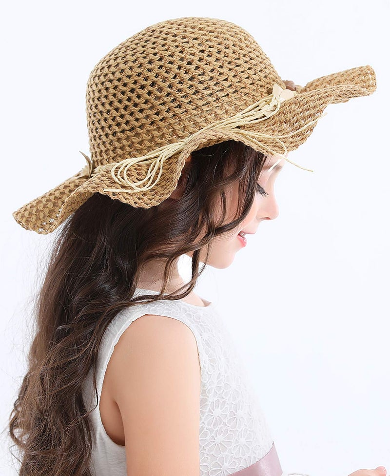 Bienvenu Kids Summer Wide Brim Hat Bowknot Beach Sun Protection Hats for Girls,Khaki - Image 3